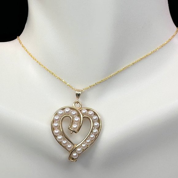 Italian 14K yellow gold 3.00mm Pearl Heart pendant necklace 18" 4.7gm